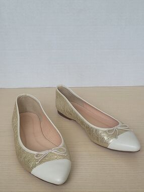 J. Crew Gemma Two-Tone Cap-Toe Metallic Gold Leather Cream Pointed Toe Flats 6.5